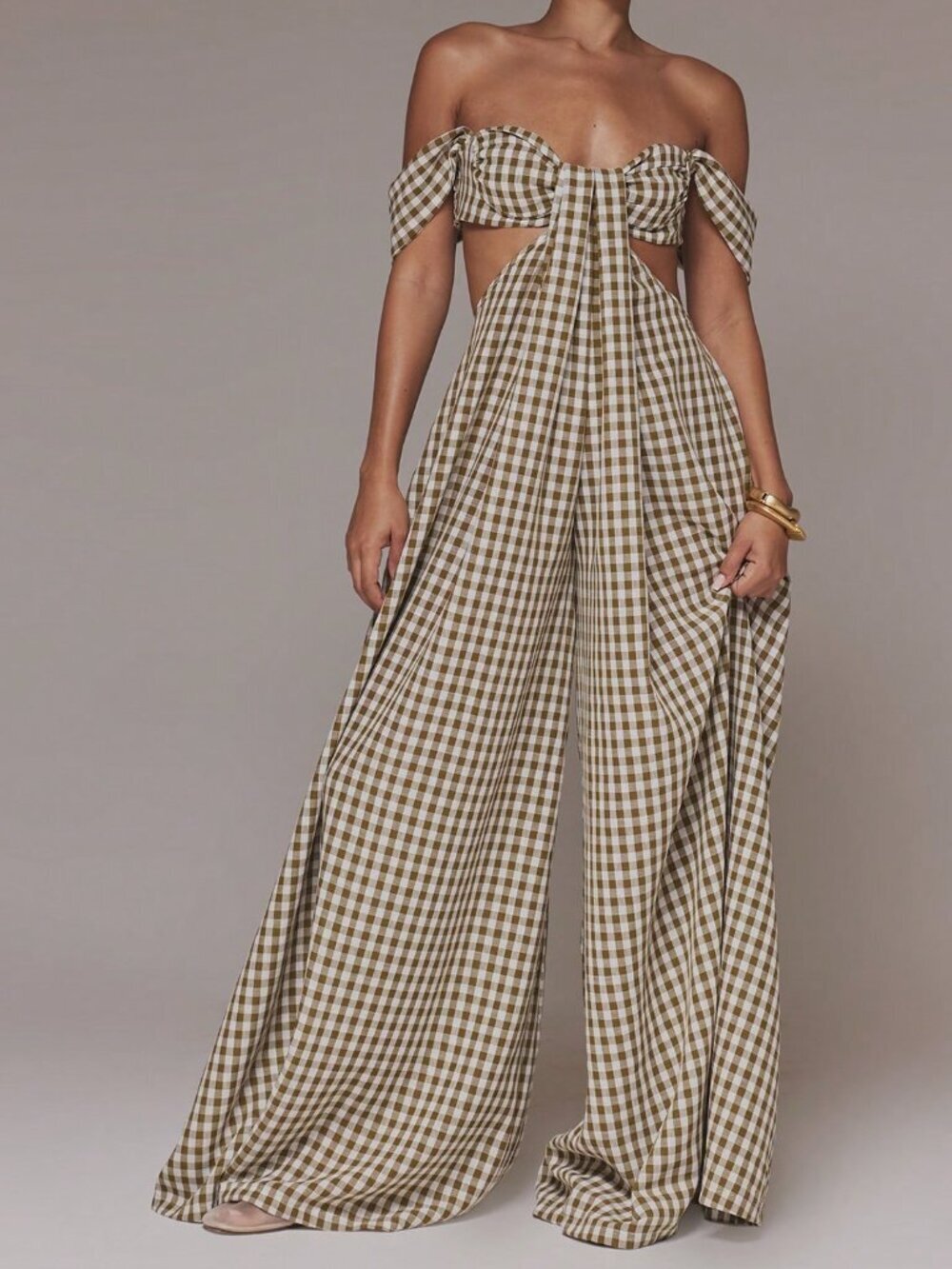 Brown Sexy Women's Gingham Cut-Out Jumpsuit